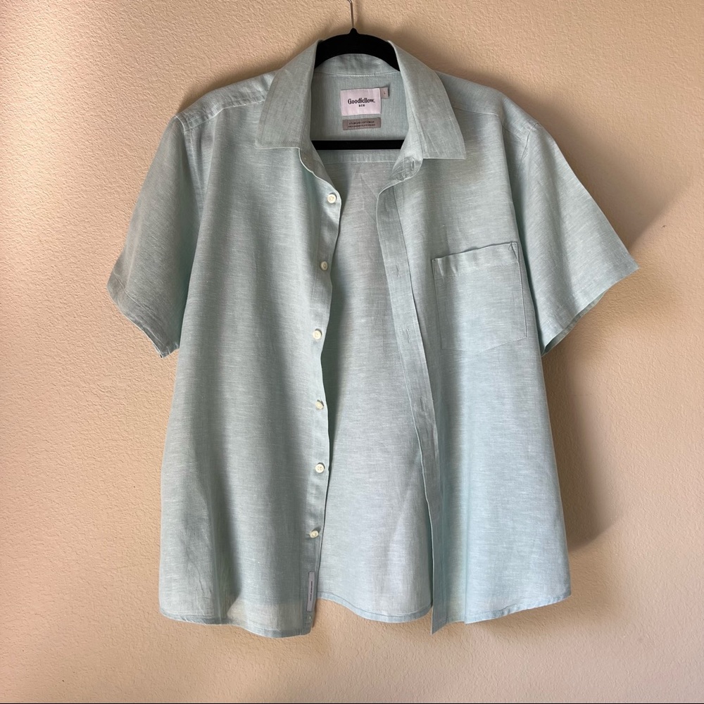 Goodfellow Mens Linen Short Sleeve Shirt in sky blue, size L